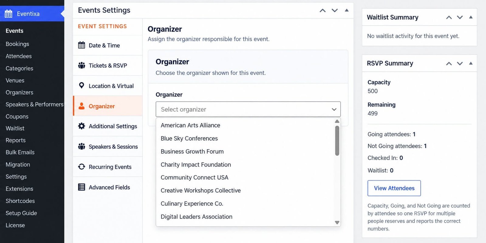 Assign an organizer to an Eventixa event