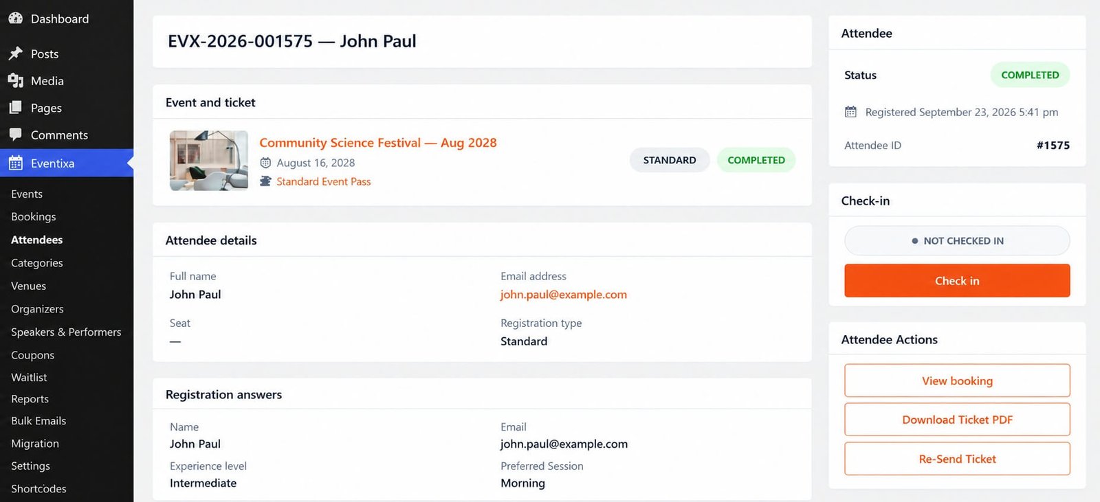 Eventixa attendee details showing Download Ticket PDF and Re-Send Ticket actions