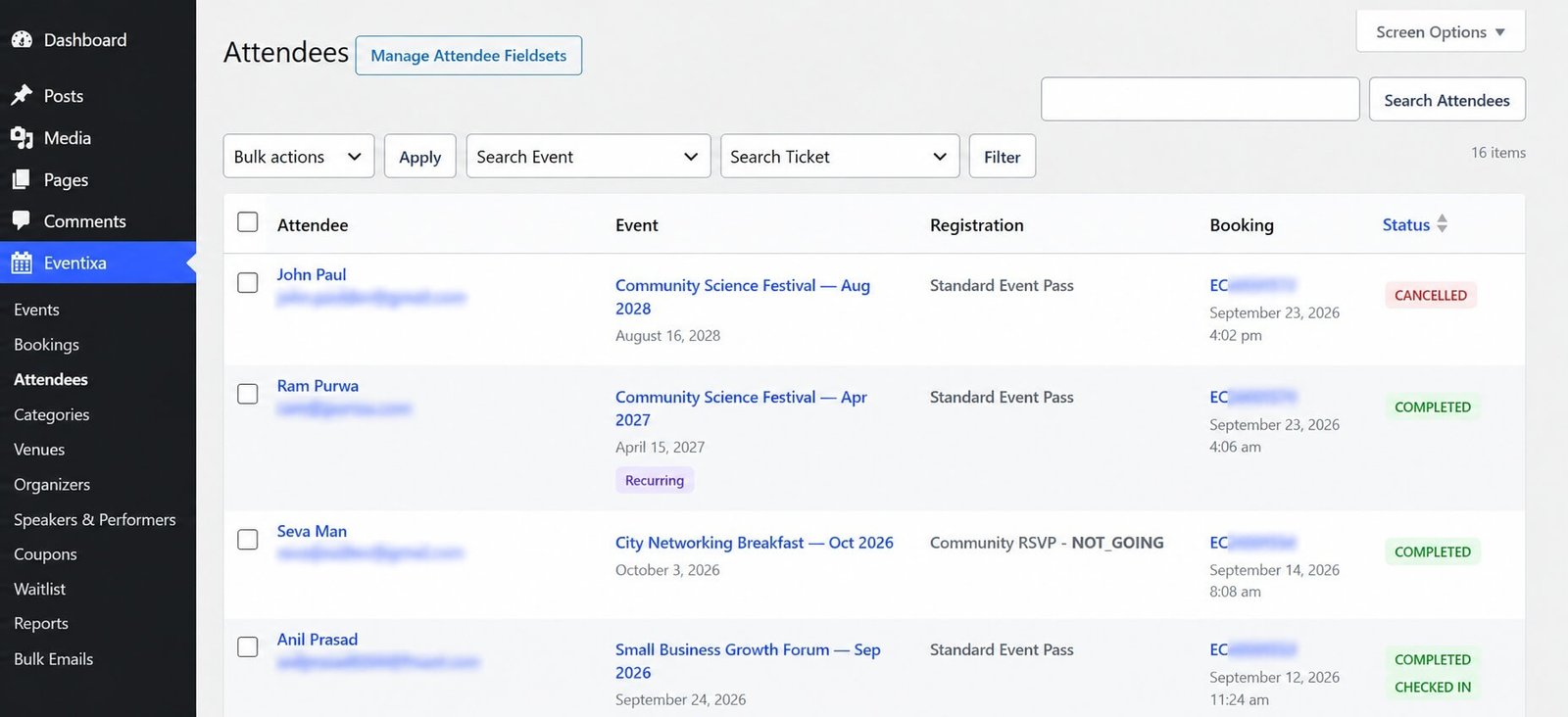 Eventixa Attendees screen showing attendee event registration status and check-in information