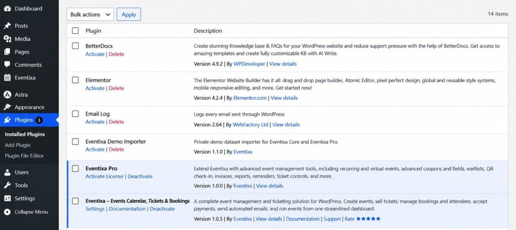 Eventixa Core and Eventixa Pro active in WordPress