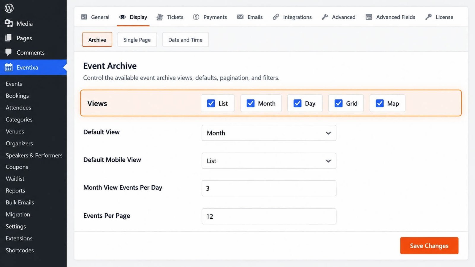 Eventixa display settings for event archive views