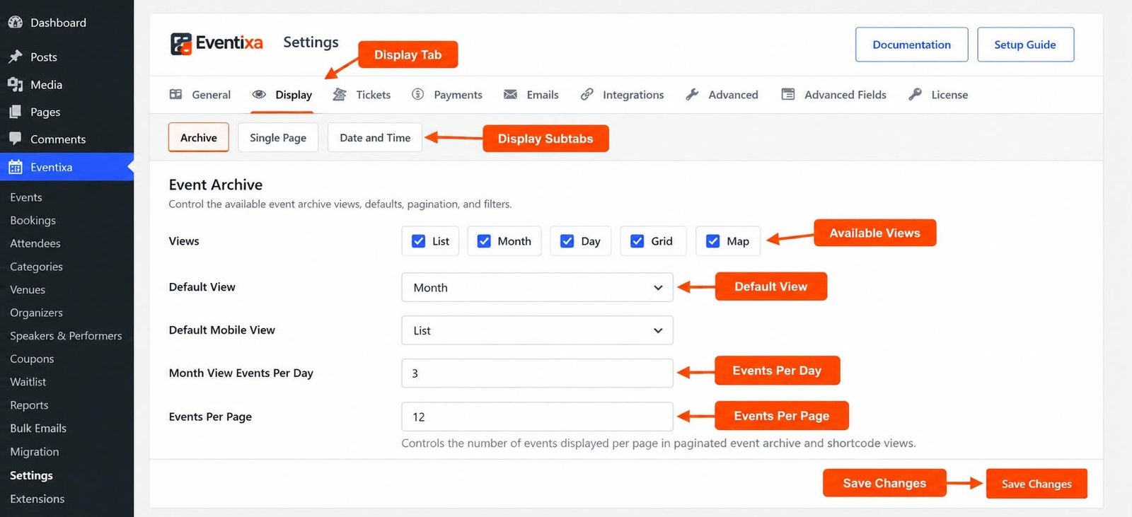 Eventixa Display Single Page settings showing Single Event Single Venue and Single Organizer sections