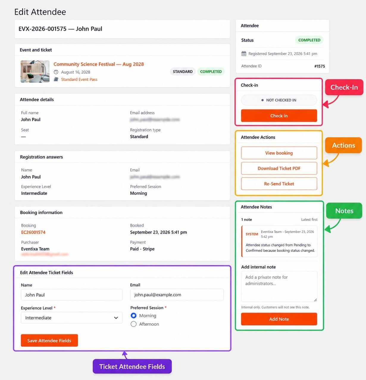 Eventixa Edit Attendee screen showing attendee details check-in actions ticket fields and notes