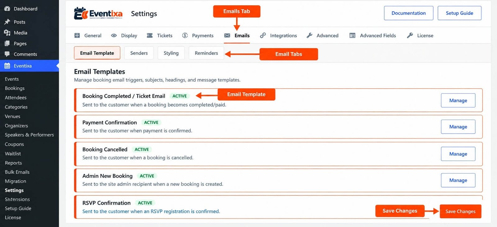 Eventixa Email Settings showing Senders Templates and Styling tabs