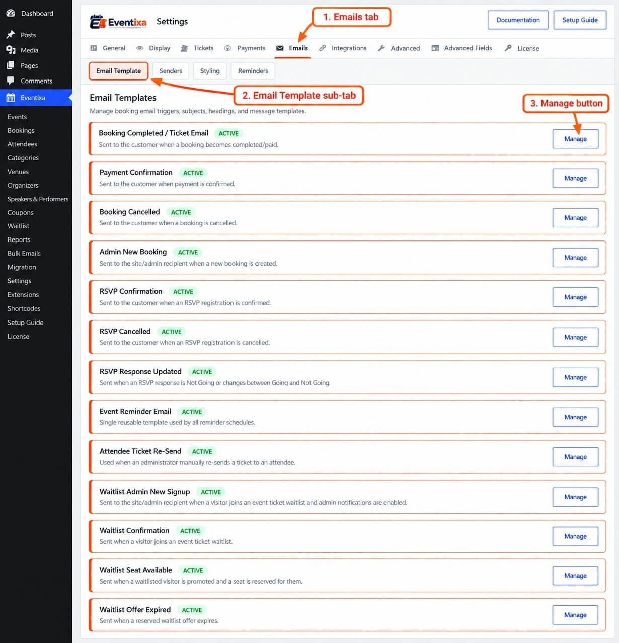 Eventixa Email settings for configuring customer and administrator notifications