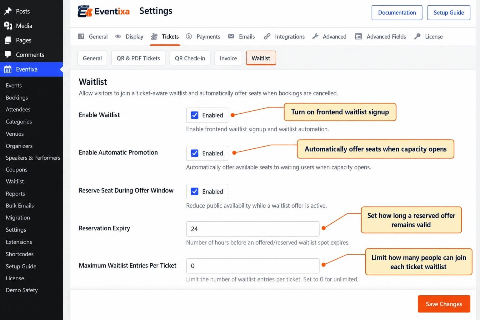 Eventixa event ticket settings showing the waitlist configuration for a limited-capacity ticket