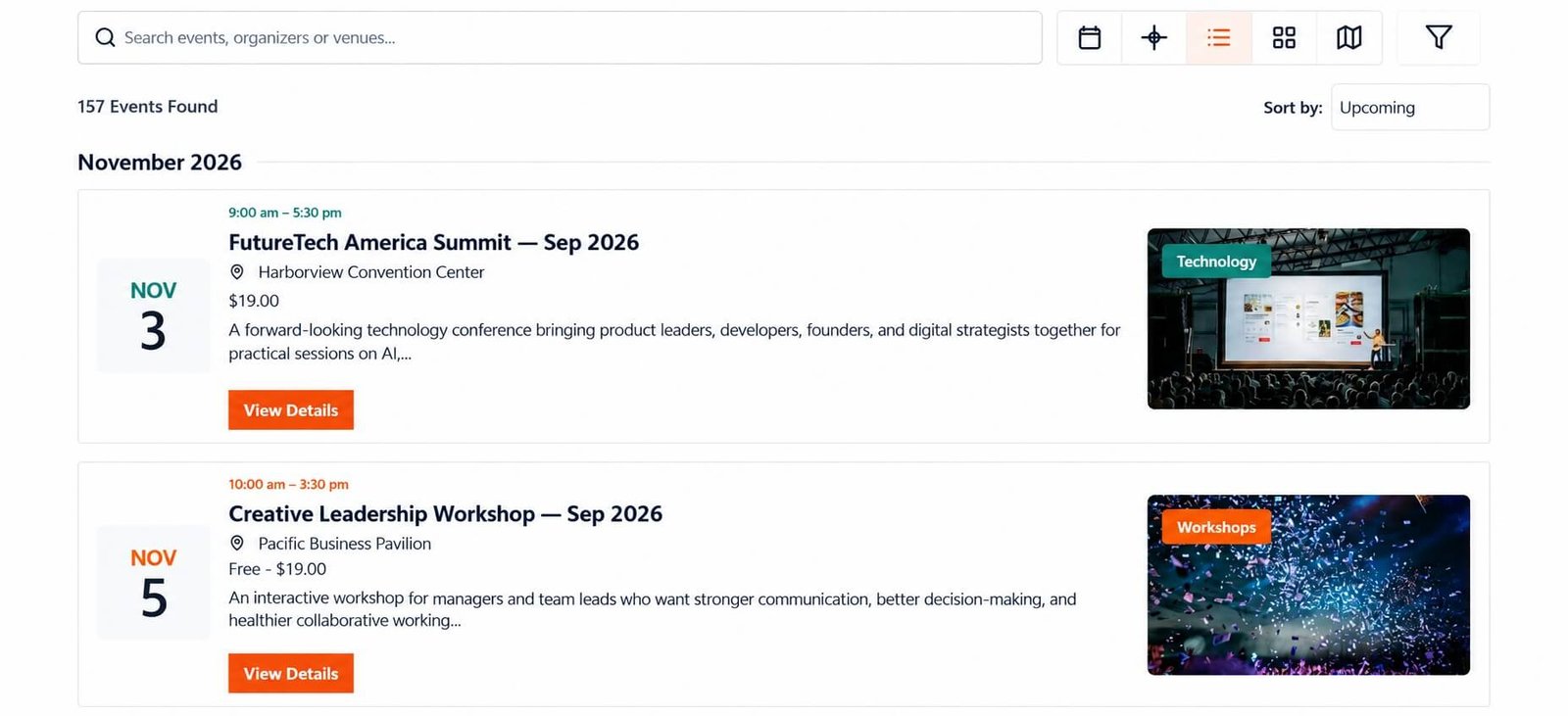 Eventixa frontend event archive in list view