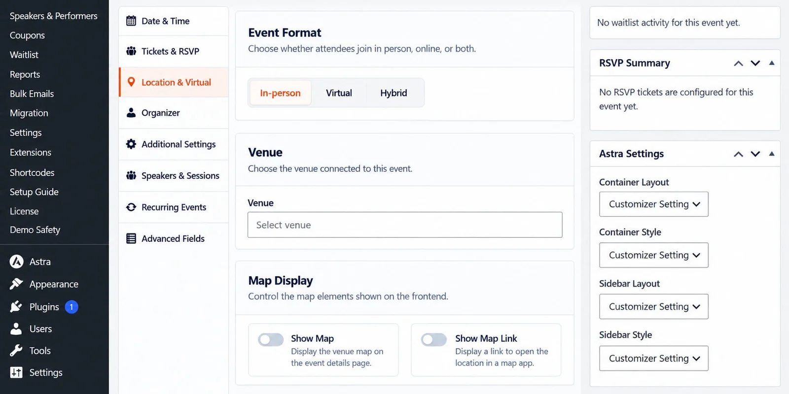 Eventixa event venue and map display settings