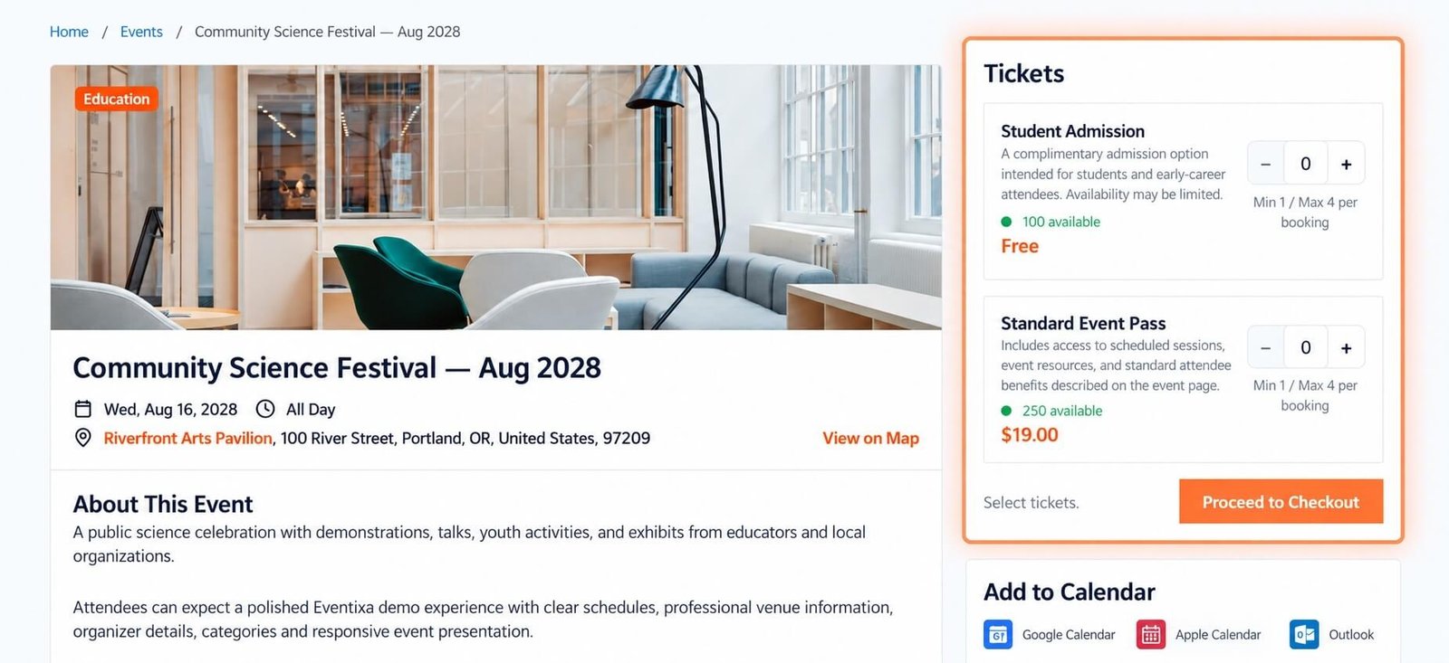 Eventixa event page showing free and paid ticket options