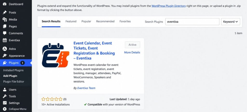 Eventixa plugin installation from the WordPress plugin directory