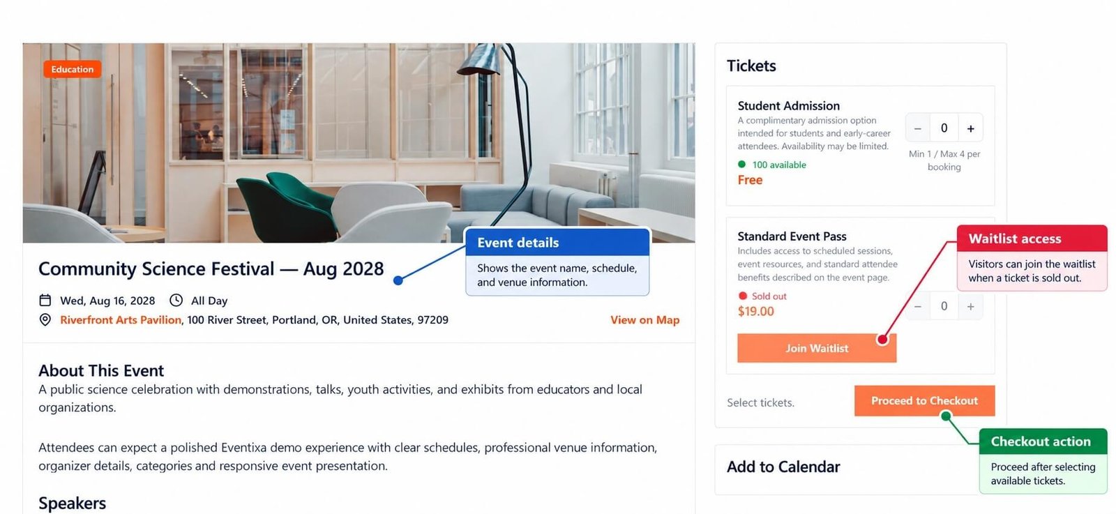 Eventixa sold-out event ticket showing the option for a visitor to join the waitlist