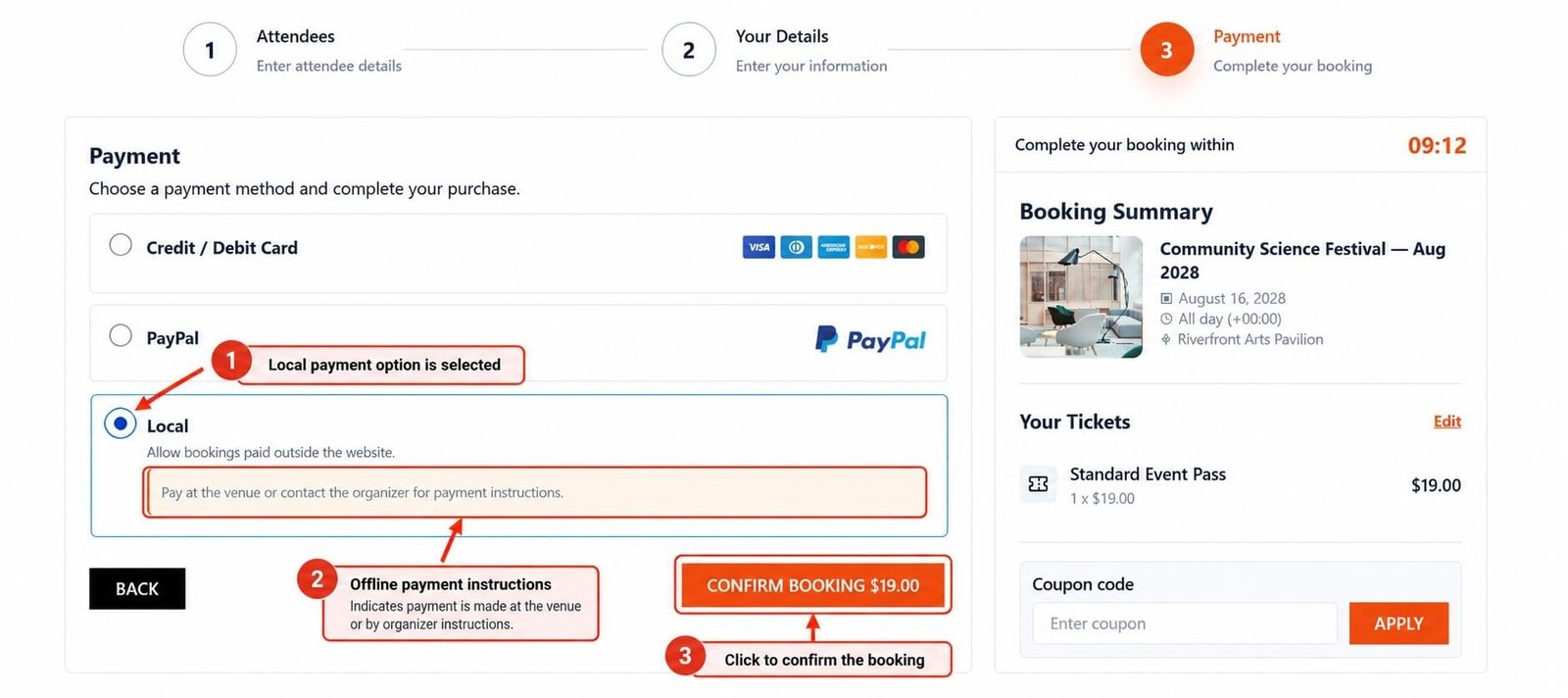 Eventixa Payment step showing Local as an offline payment method