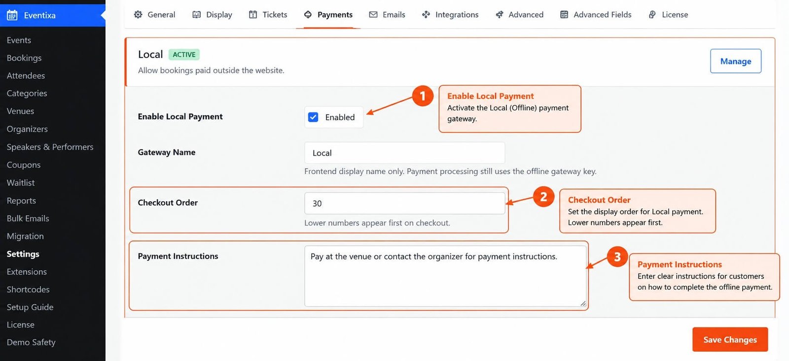 Eventixa Local offline payment gateway settings for manual event payments