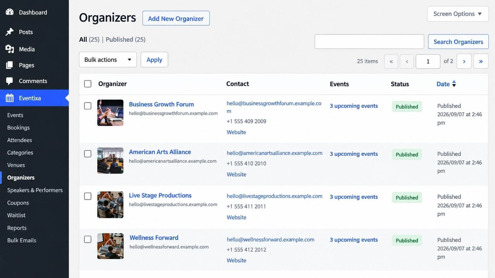 Eventixa organizers management screen in WordPress
