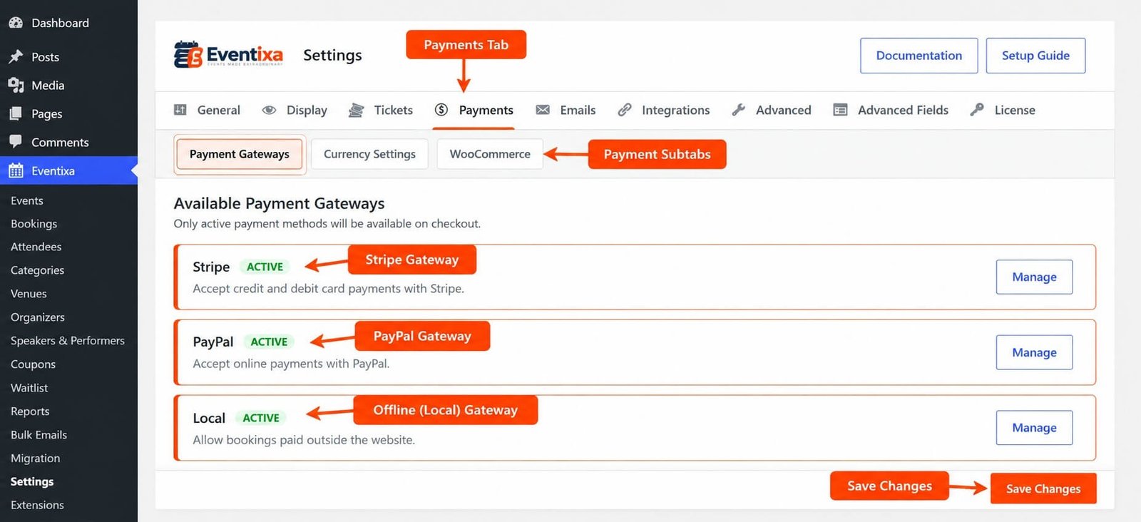Eventixa Payment Settings showing Currency Gateways and WooCommerce payment configuration tabs