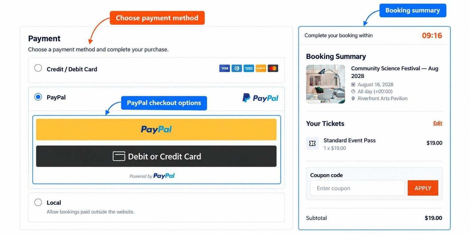 Eventixa checkout Payment step showing PayPal as an available payment method