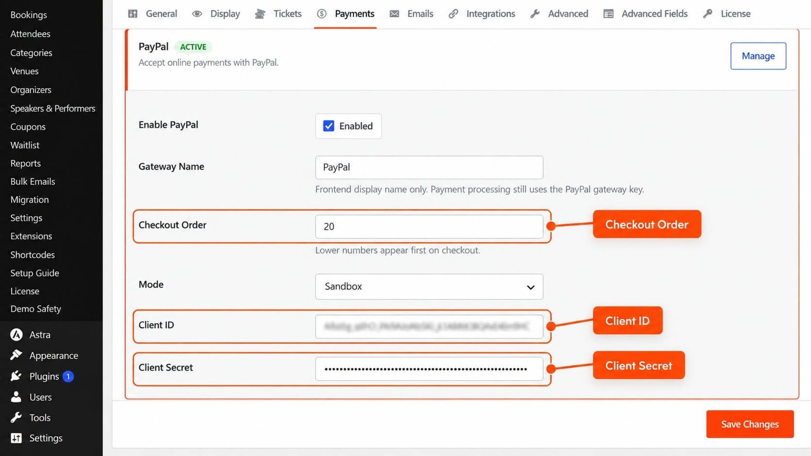 Eventixa PayPal gateway settings for configuring PayPal event ticket payments