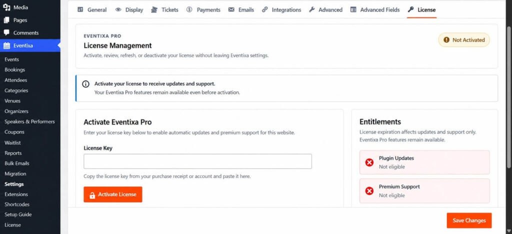 Eventixa Pro license activation screen