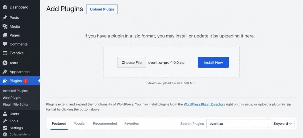 Upload Eventixa Pro plugin ZIP in WordPress