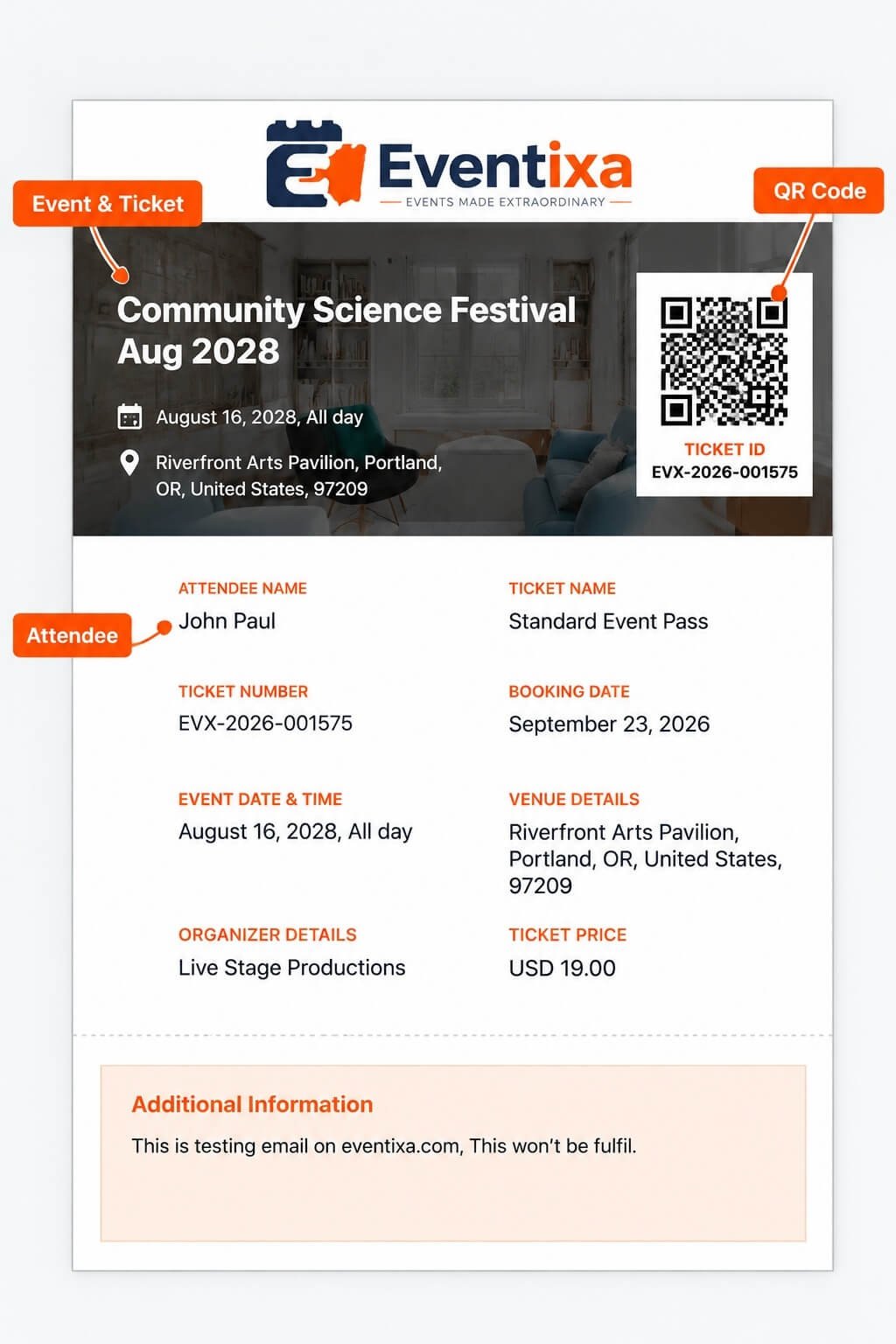 Eventixa attendee event ticket containing a QR code for event check-in