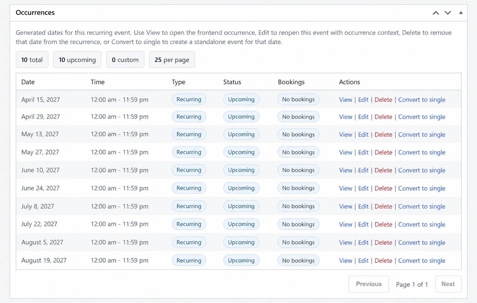 Eventixa recurring event occurrence list with dates statuses and actions