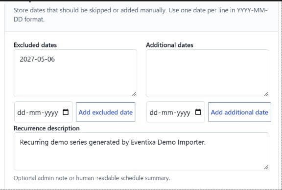 Eventixa excluded dates and additional dates for a recurring event