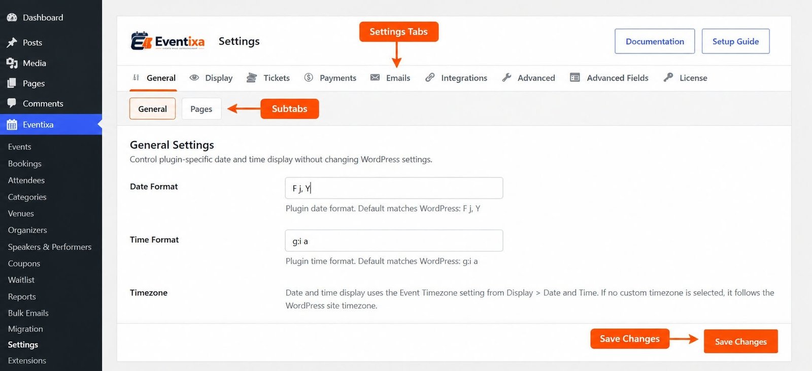 Eventixa General Settings showing Date Format Time Format and Timezone information