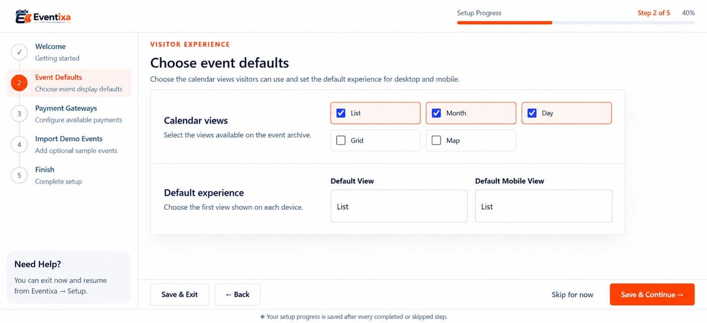 Eventixa Setup Wizard event display settings
