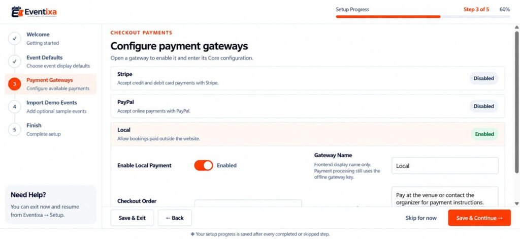 Eventixa Setup Wizard payment and currency settings
