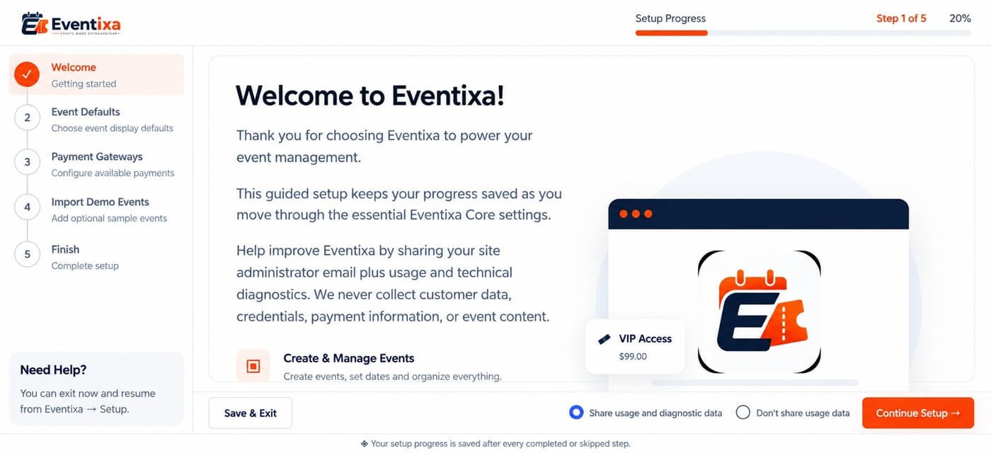 Eventixa Setup Wizard in WordPress