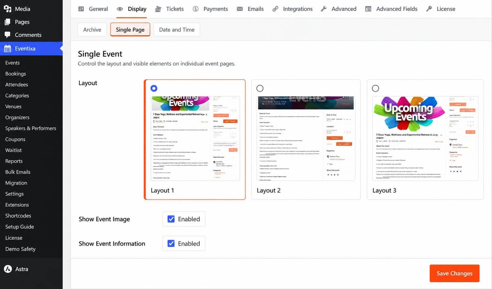Eventixa Display Single Page settings showing Single Event Single Venue and Single Organizer sections
