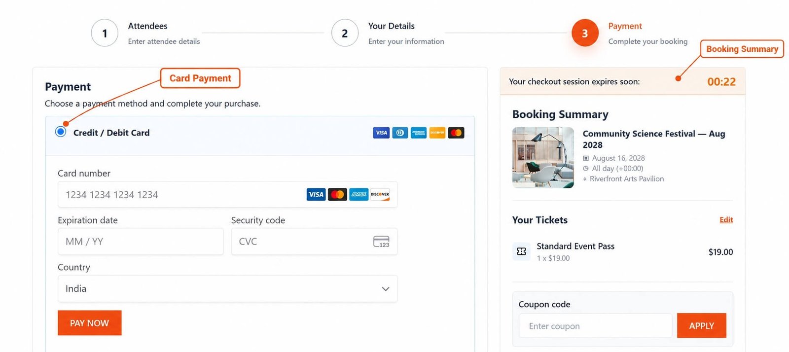 Eventixa checkout showing Credit Debit Card as the Stripe payment method