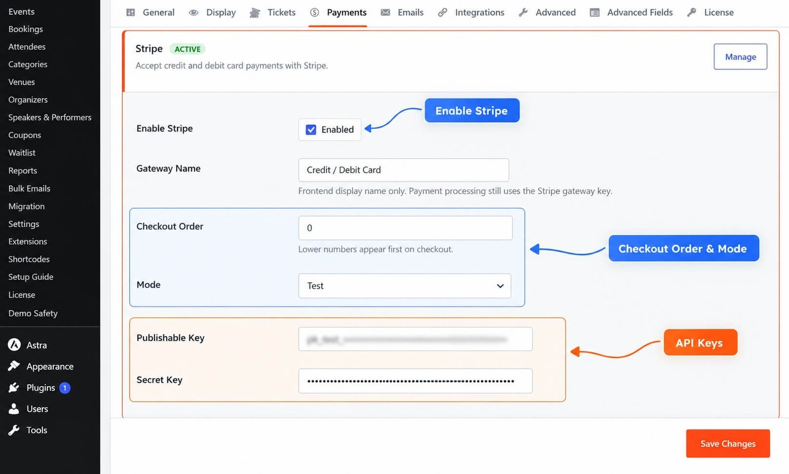 Eventixa Stripe payment gateway settings for event ticket card payments