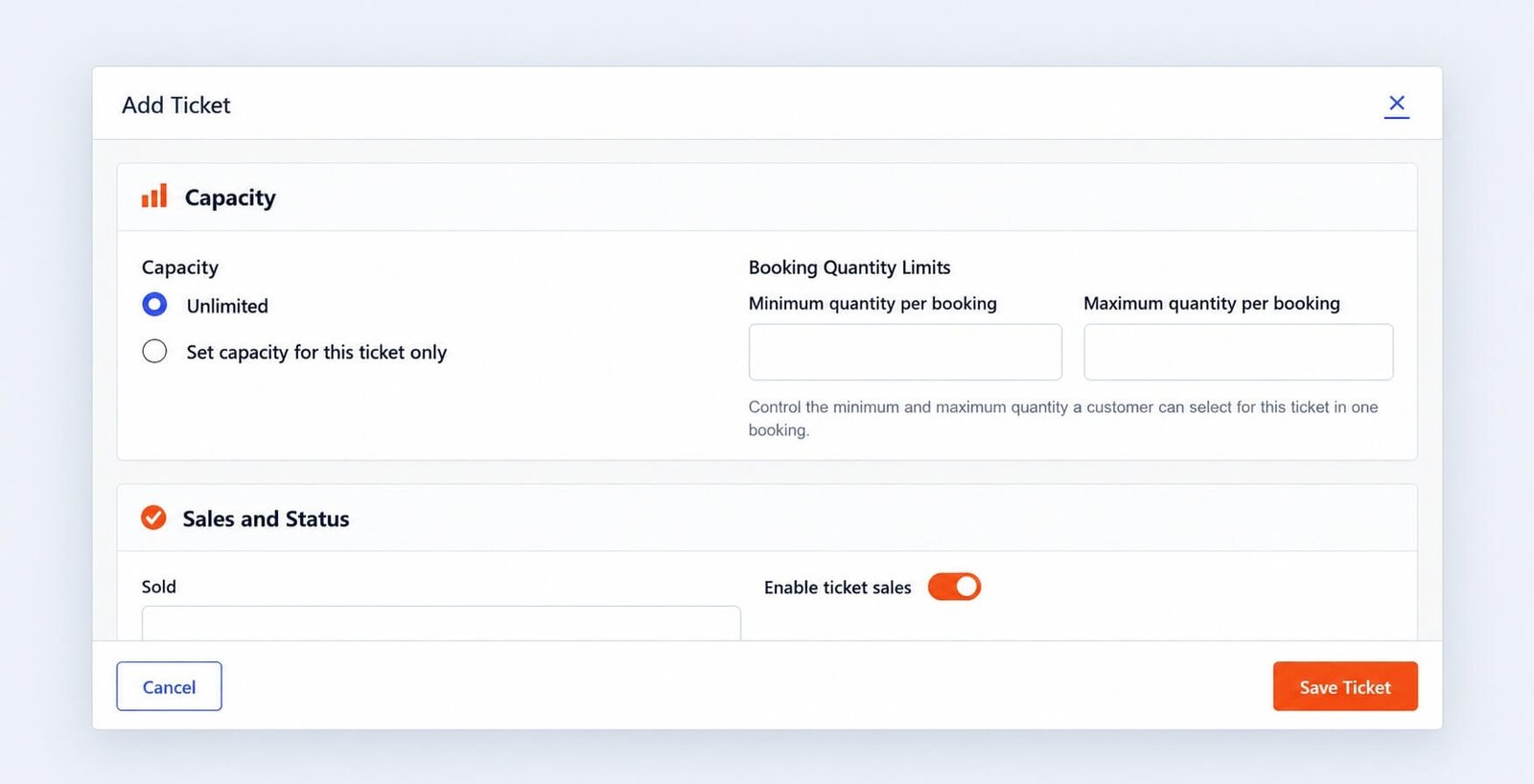 Eventixa ticket capacity settings with unlimited and fixed capacity options