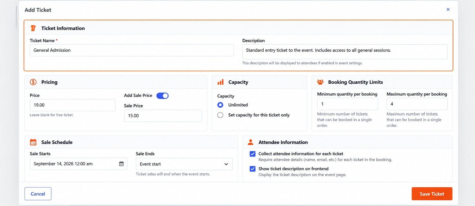 Eventixa ticket editor with ticket name description pricing and registration settings