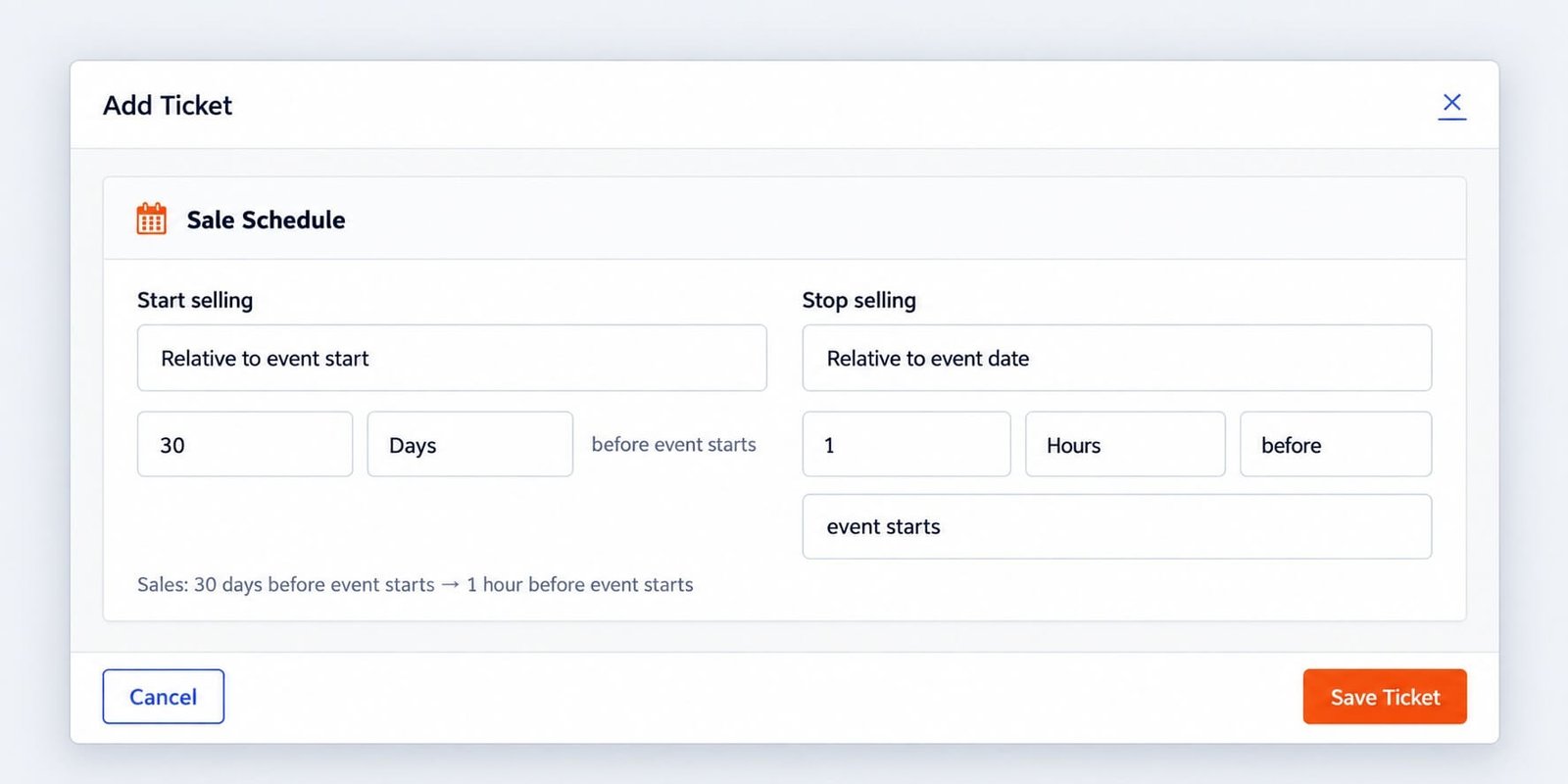 Eventixa ticket sale schedule with start selling and stop selling settings