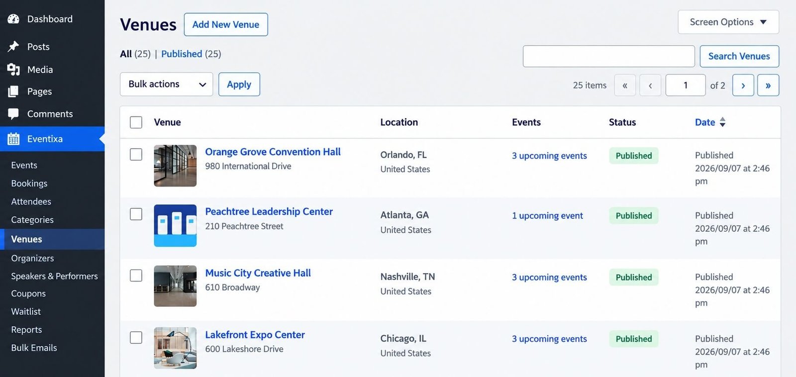 Eventixa venues management screen in WordPress