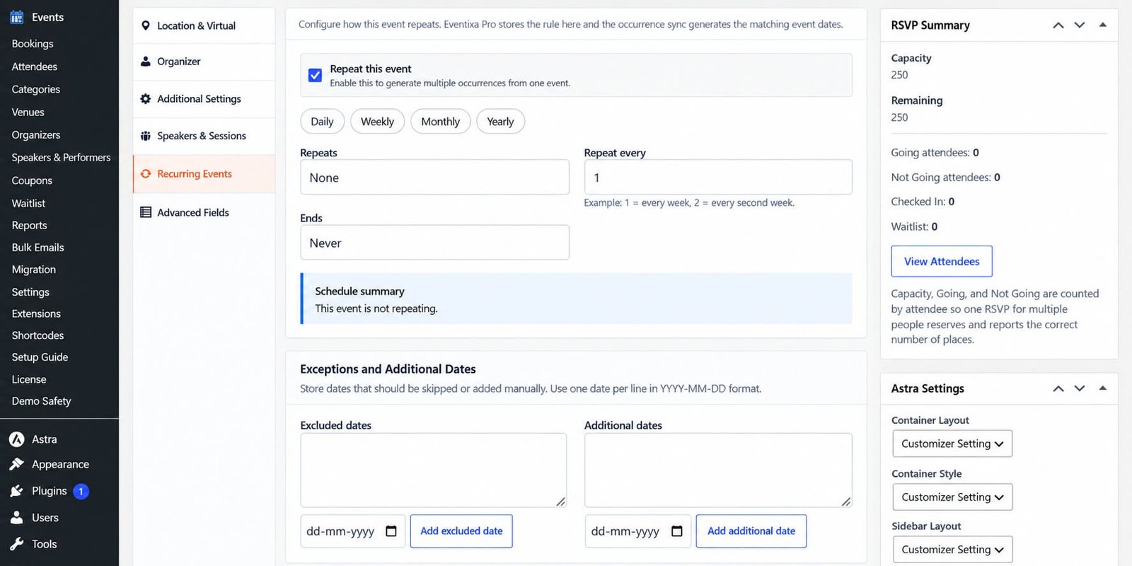 Eventixa recurring event settings in WordPress