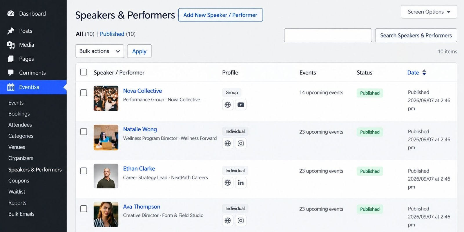 Create a new speaker or performer profile in Eventixa