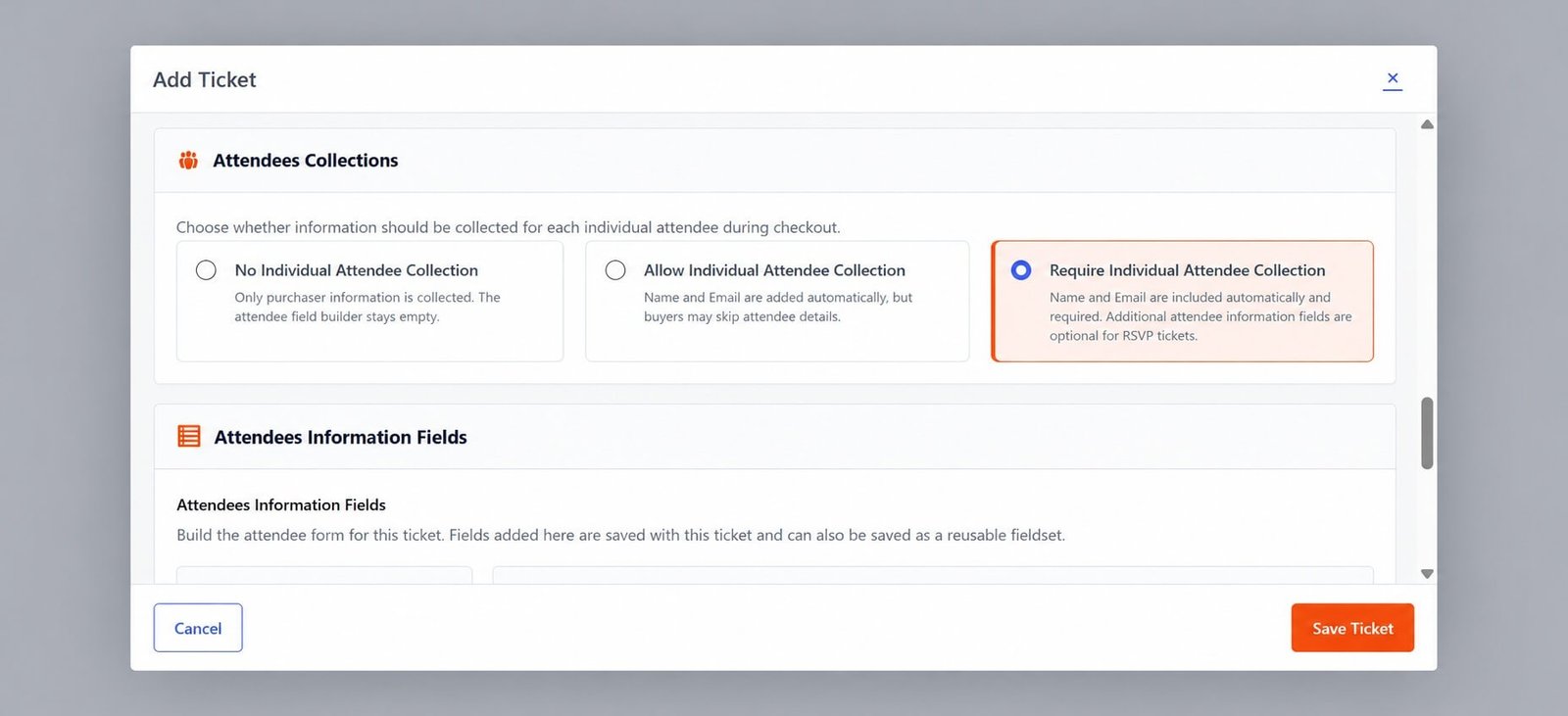 Eventixa setting to collect attendee information for each ticket