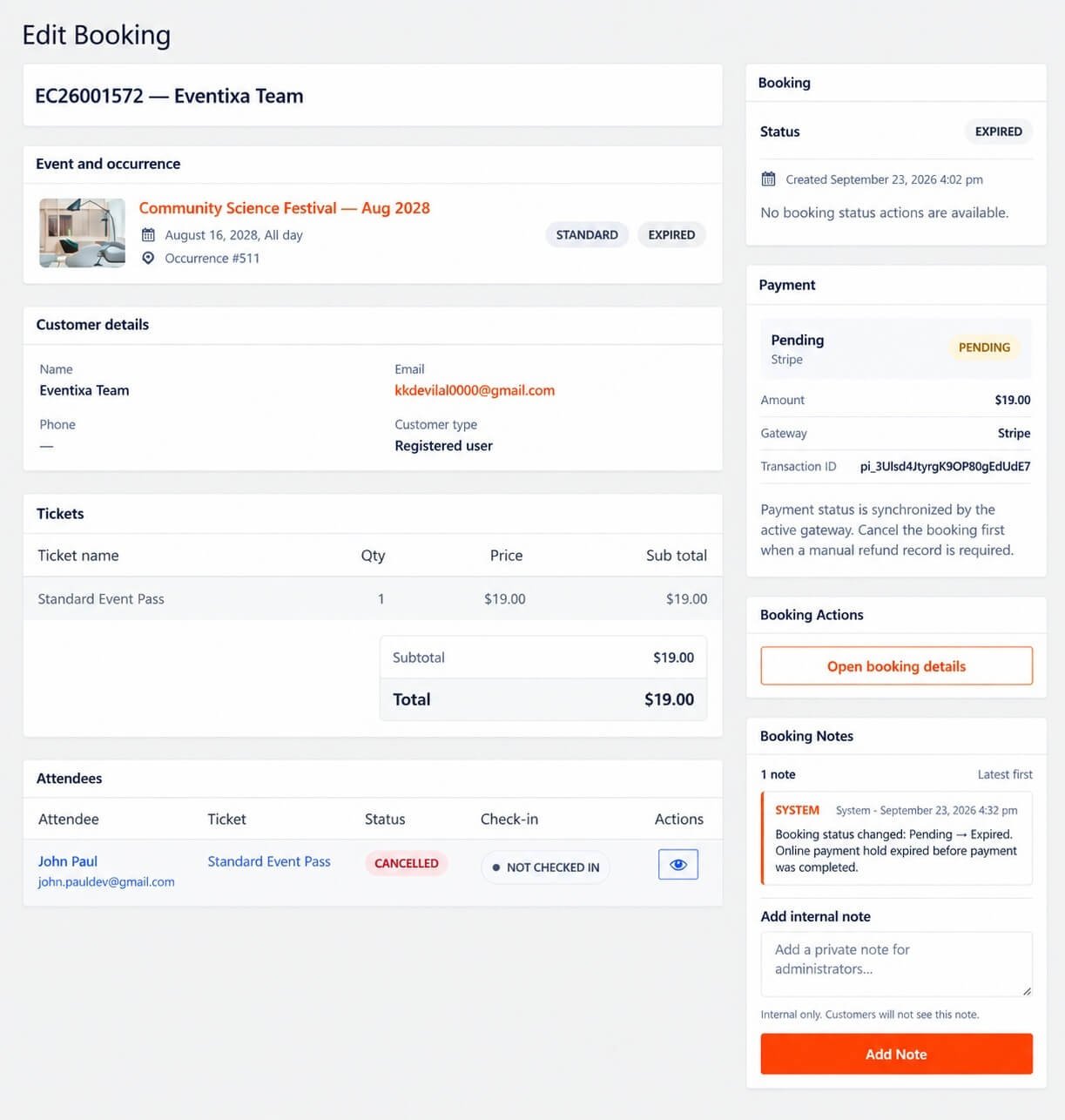 Eventixa booking row showing ticket registration attendee count and payment information