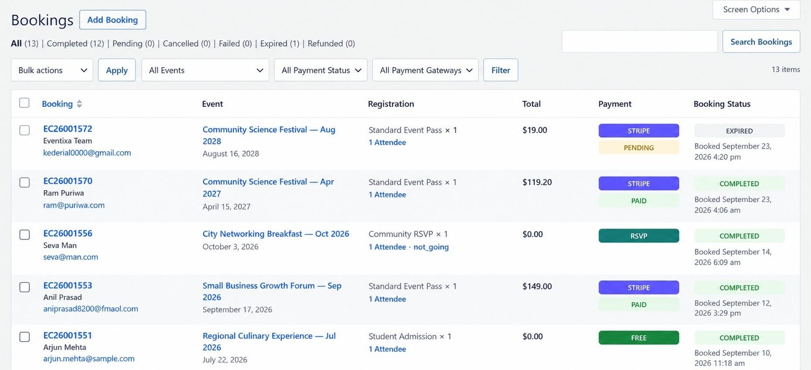 Eventixa Bookings screen showing event registrations payment methods attendee counts and statuses