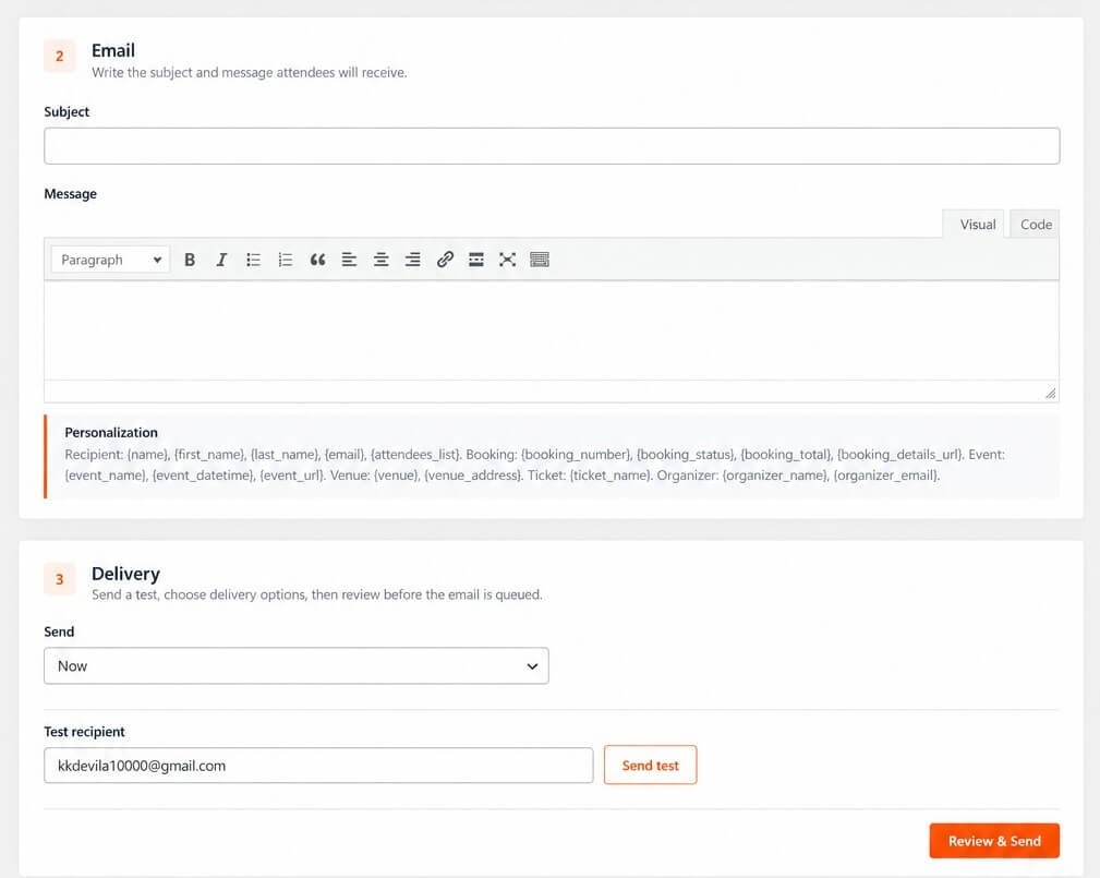 Eventixa Bulk Emails message composer with subject and email content