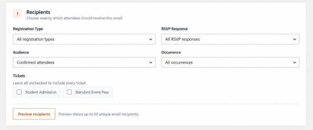 Eventixa bulk email recipient preview showing selected event registration recipients