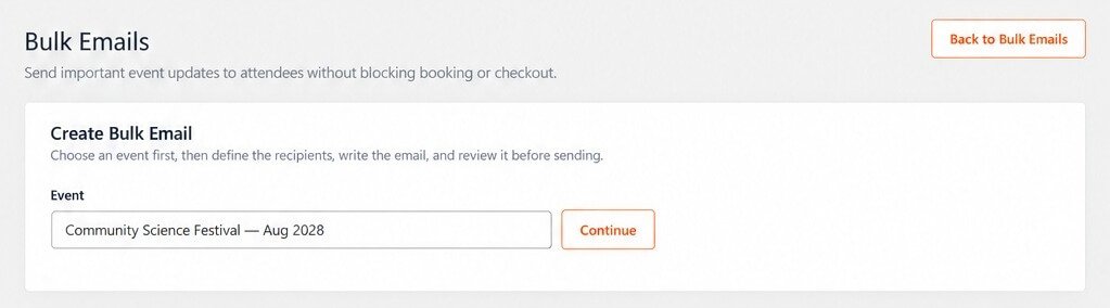 Eventixa Bulk Emails screen for sending event announcements to selected registrants