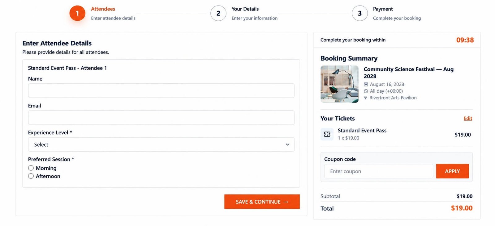 Eventixa checkout collecting purchaser and individual attendee information