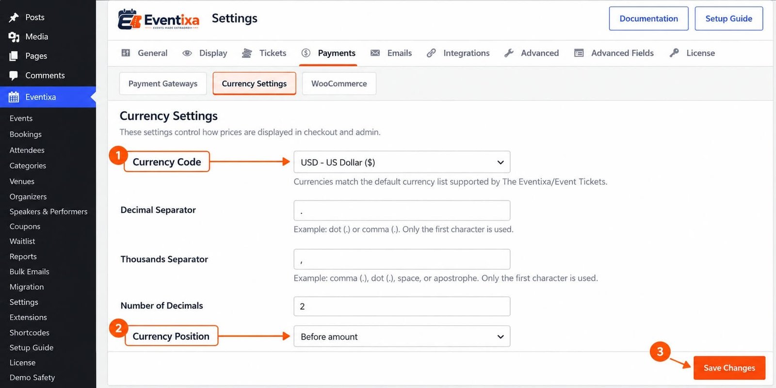 Eventixa Currency Settings for configuring event ticket currency and currency position