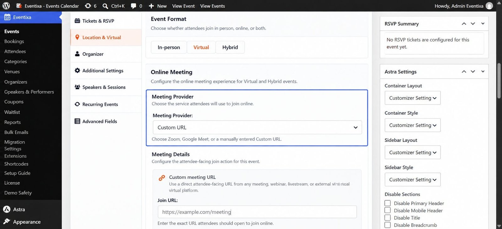 Eventixa Custom URL meeting provider for a virtual event