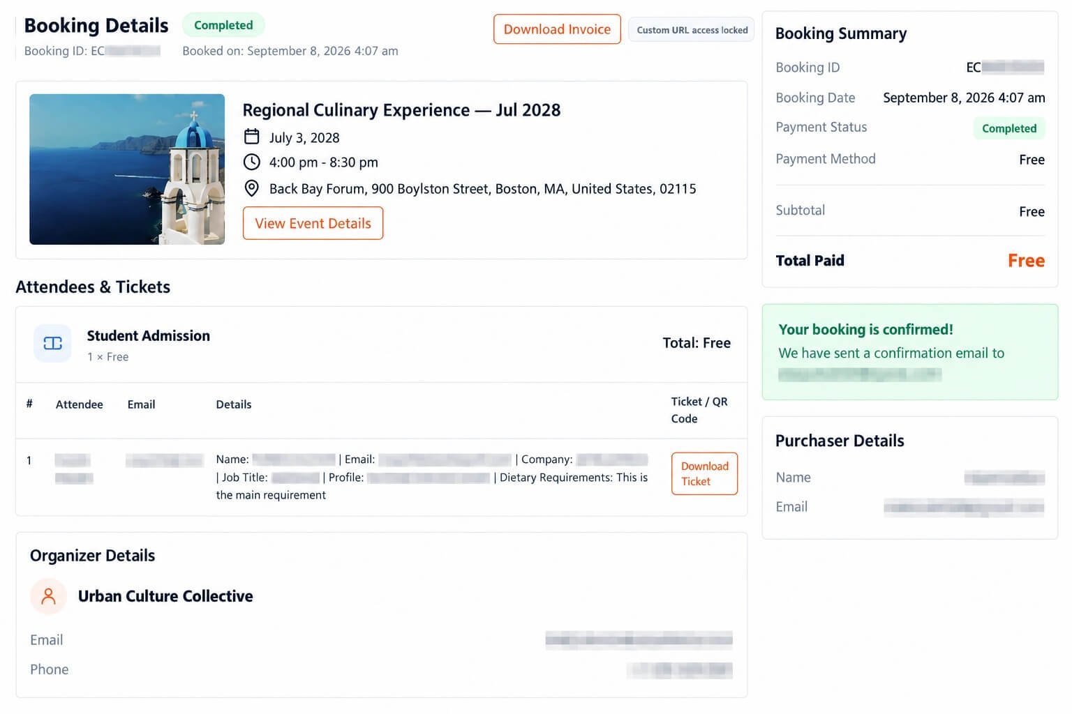 Eventixa Booking Details page showing Attendees and Tickets with attendee information and ticket actions