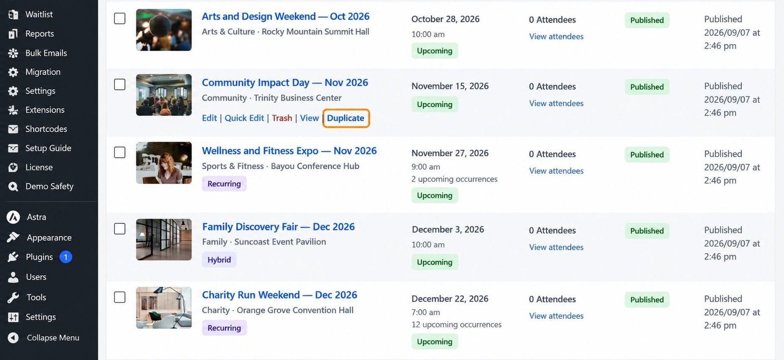Duplicate event action in the Eventixa events list